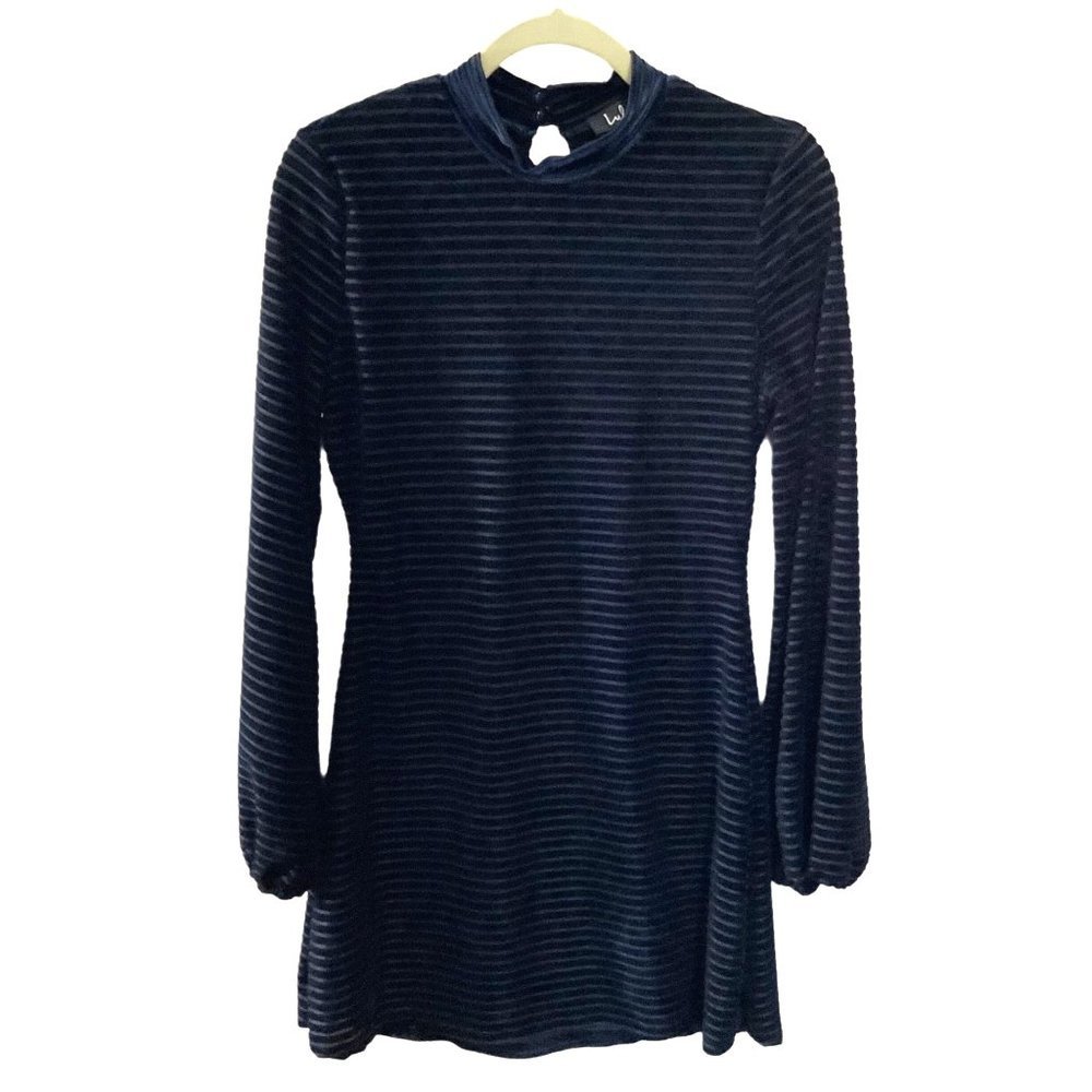 Lulus Dark Blue Stripe Keyhole Opening Clasp Skim Fit Bishop Long Sleeve Dress‎